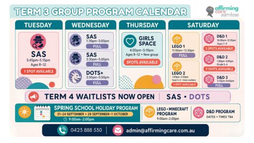 Upcoming Term 3 Groups at Yarraville HQ. Contact admin@affirmingcare.com.au to book!